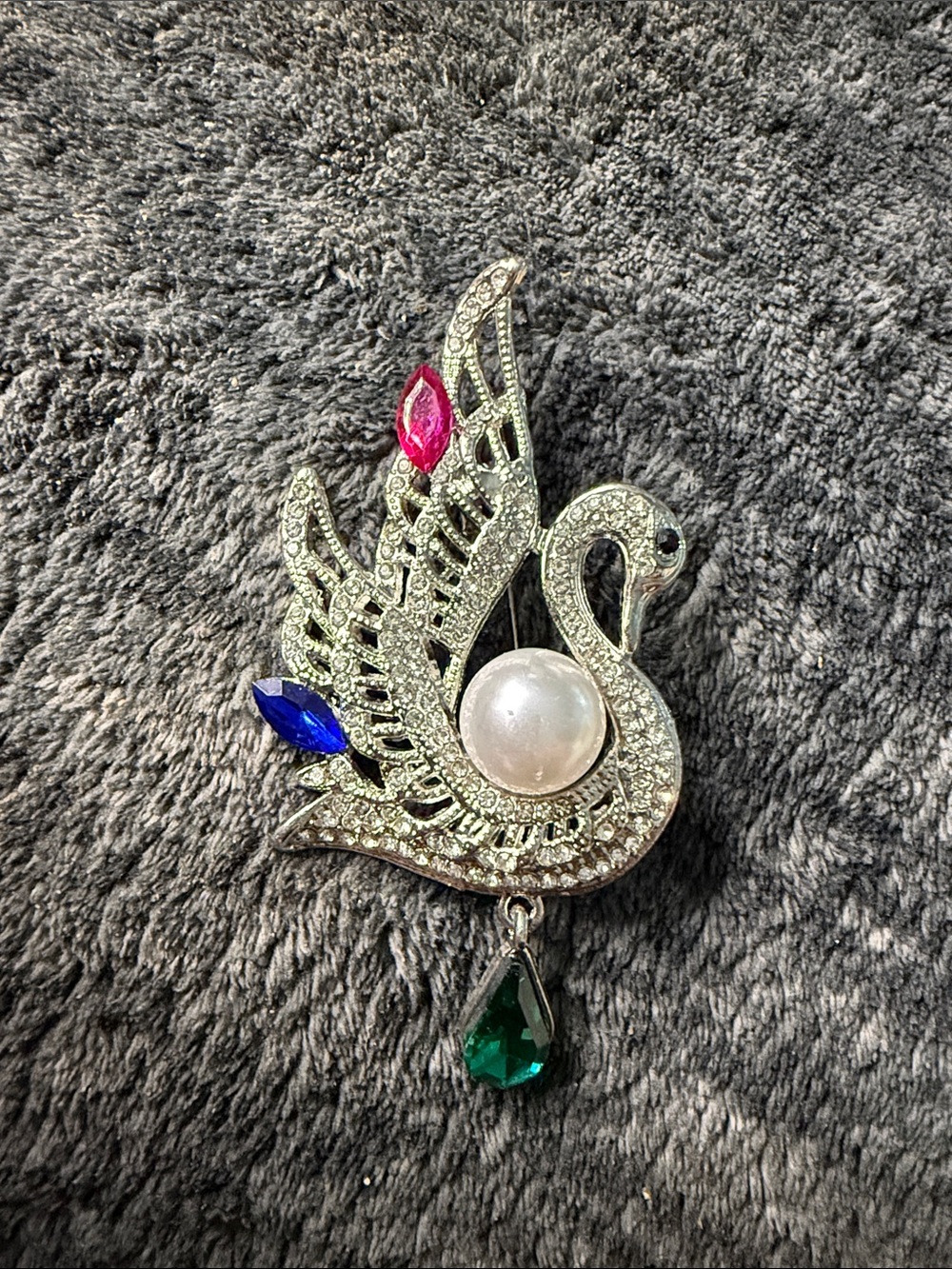 Rhinestone Swan Brooch with Multicolored Crystals - Silver Tone